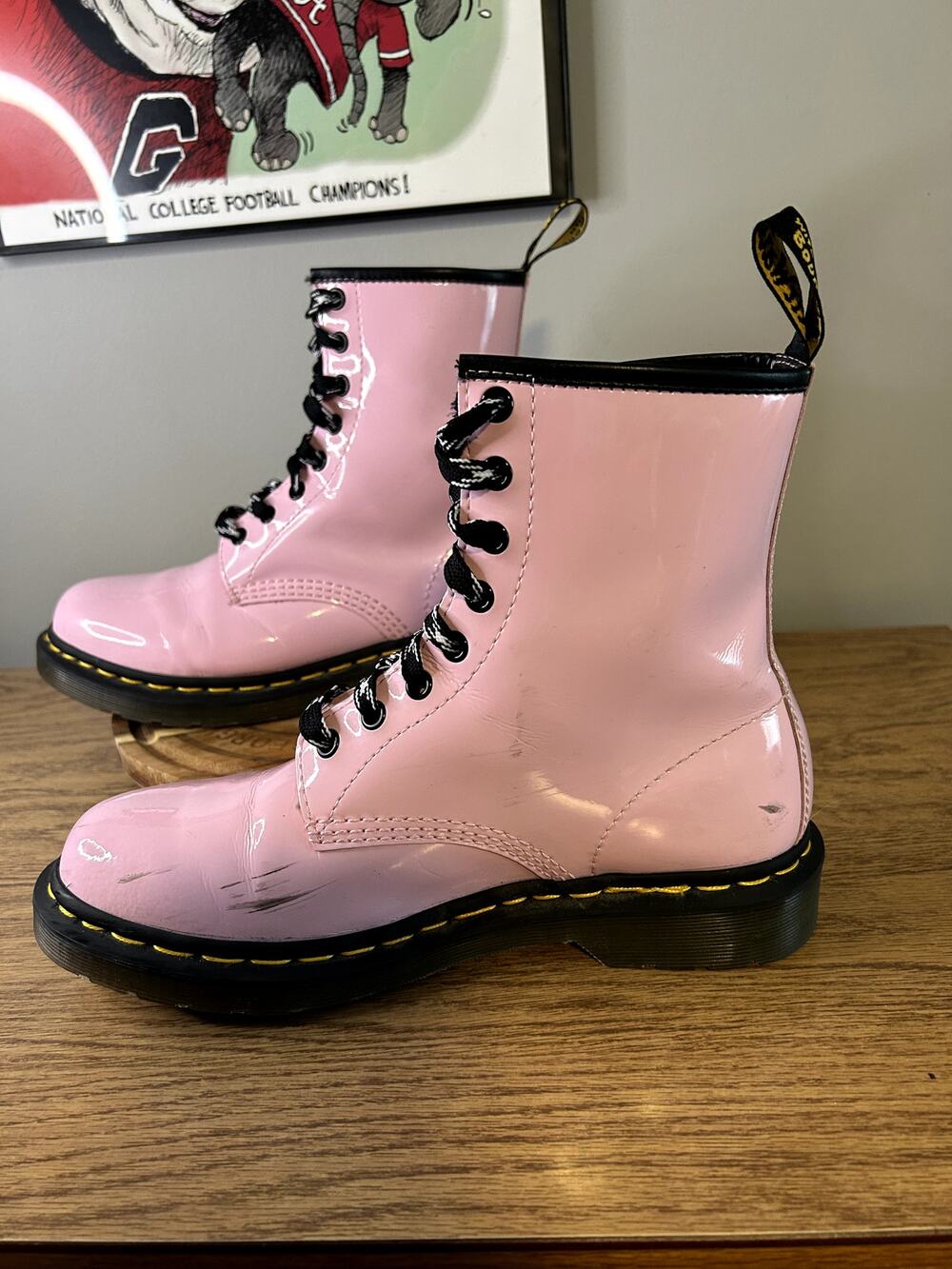 Dr Martens Pale Pink Patent Leather with Vintage Black White Laces size 9/EU 41